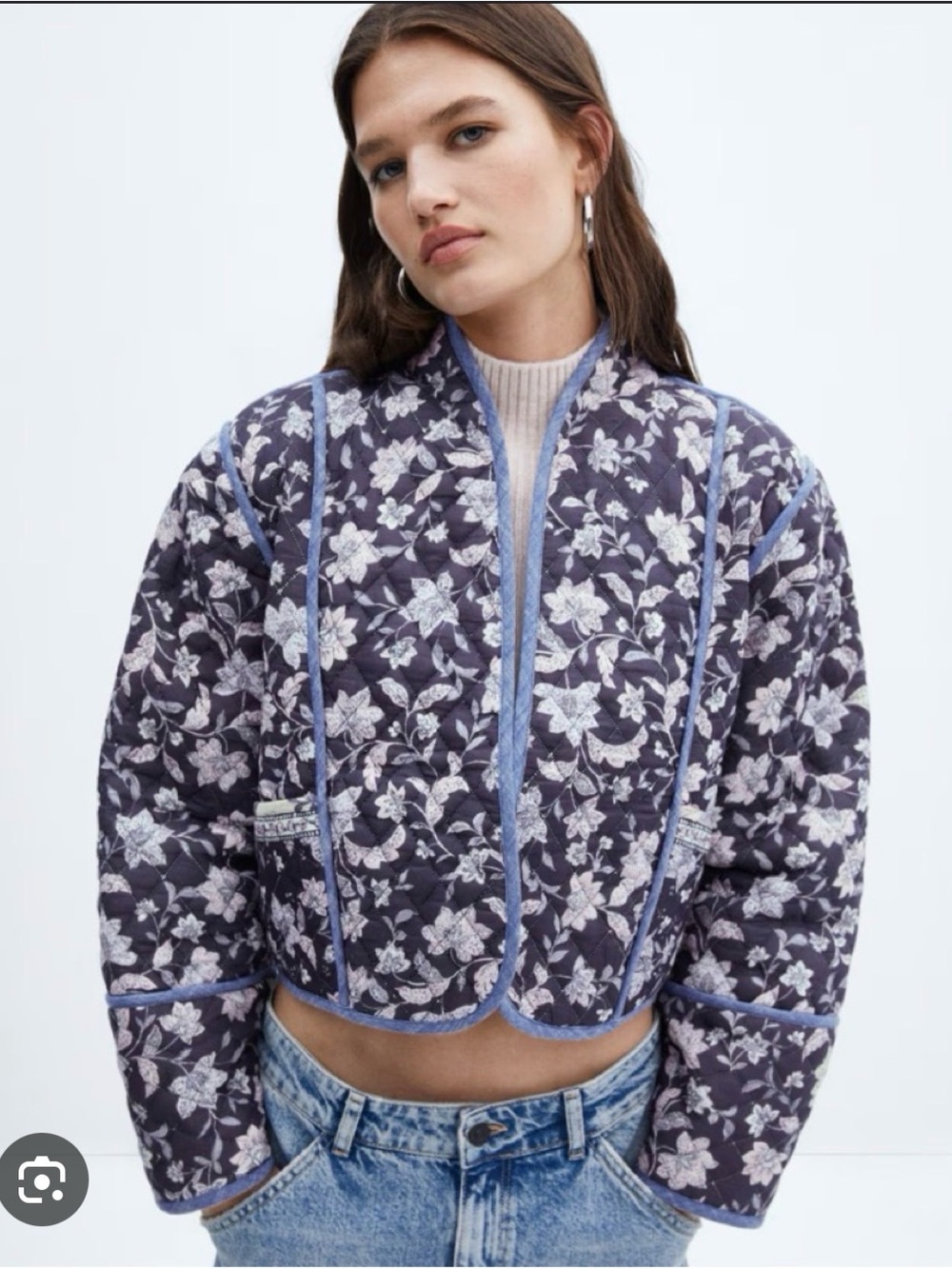 Mango Quilted Floral Bomber Jacket in Navy and Lavender Trim